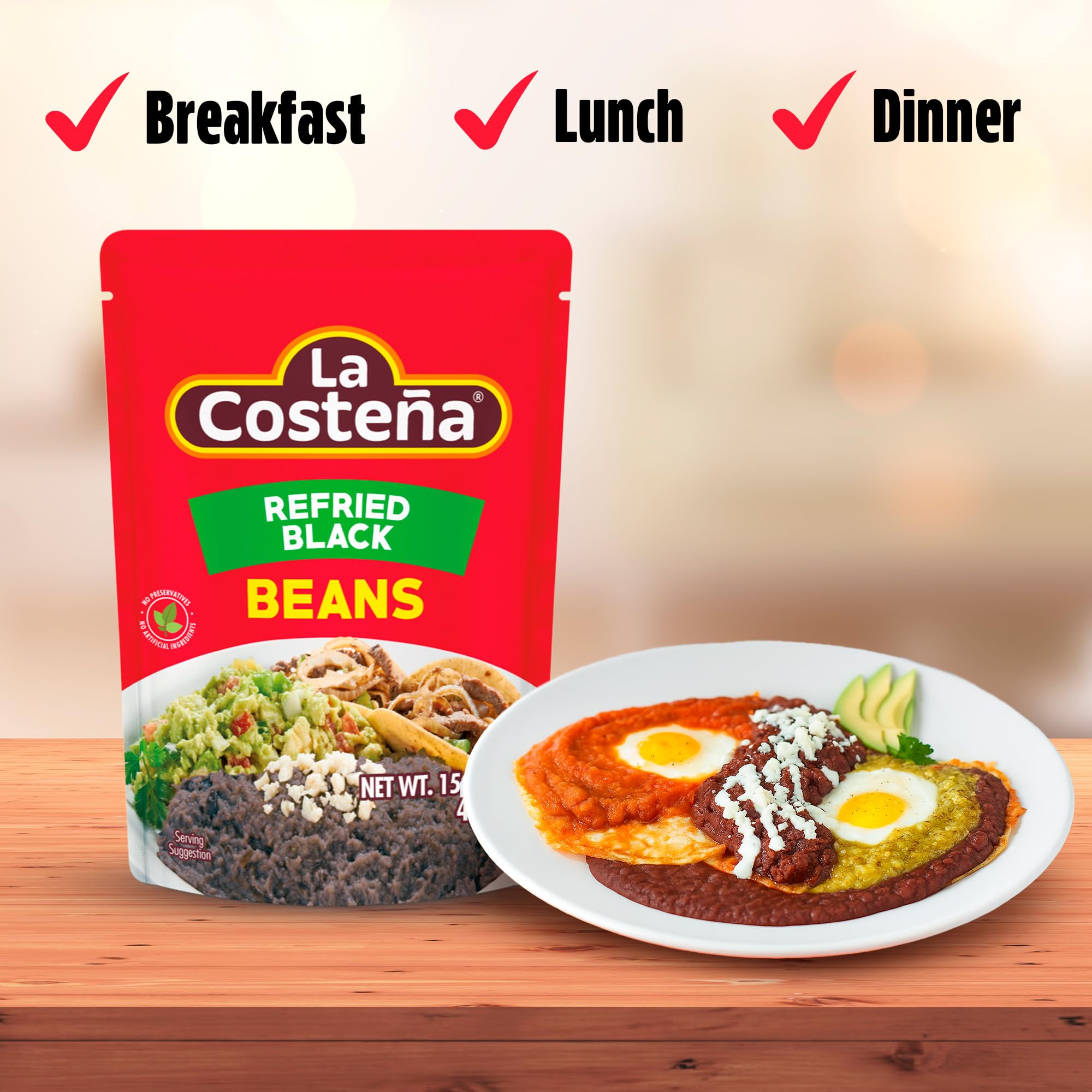 La Costeña Refried Black Beans - 60 Second Microwave Ready to Eat Meals for Mexican Food, Mexican Rice, Nacho Bean Dip, Bean Burrito, Burger, Carne