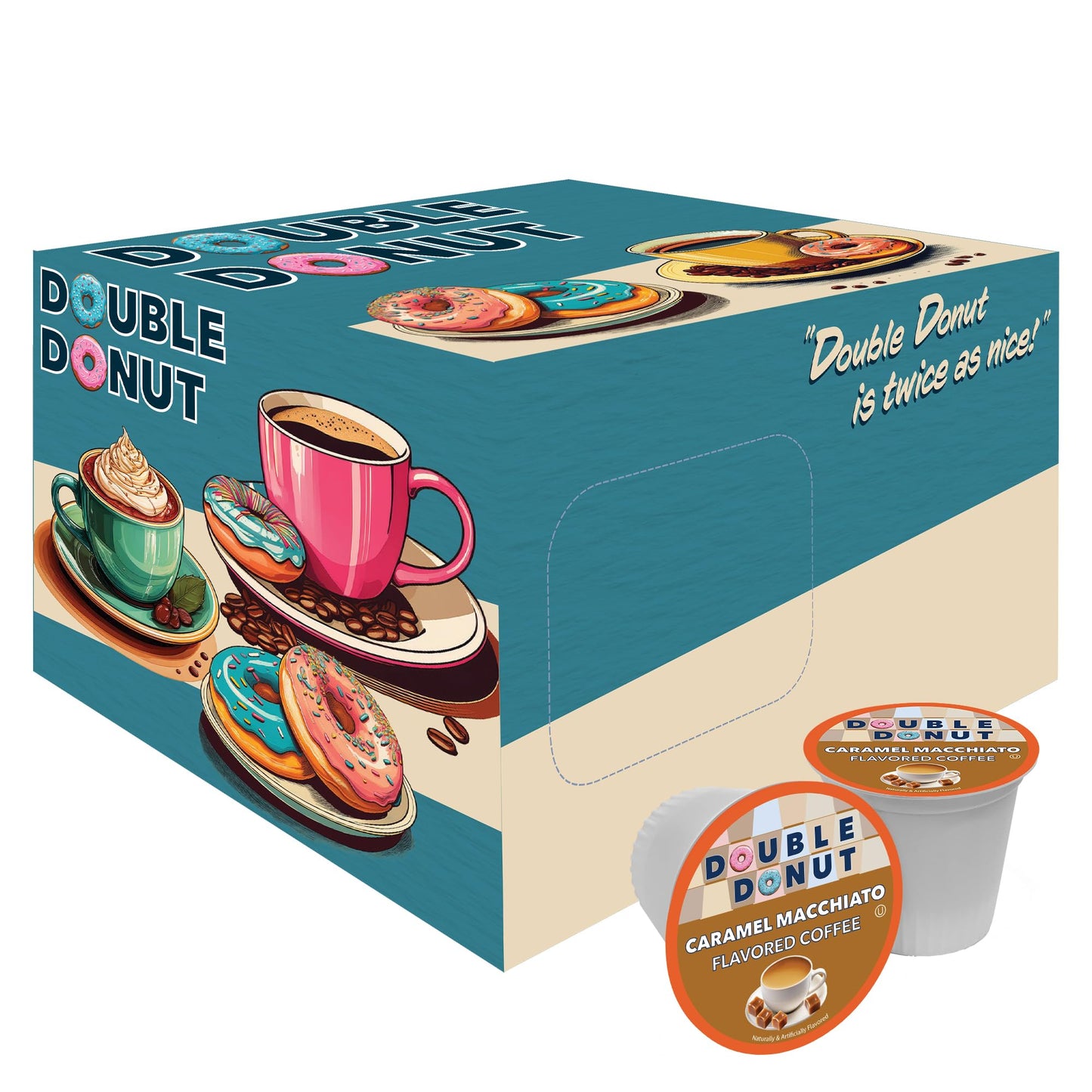 Double Donut Caramel Macchiato Flavored Coffee Pods - Caramel Coffee in Single Serve Coffee Pods for the Keurig K Cups Coffee Brewers, Medium Roast