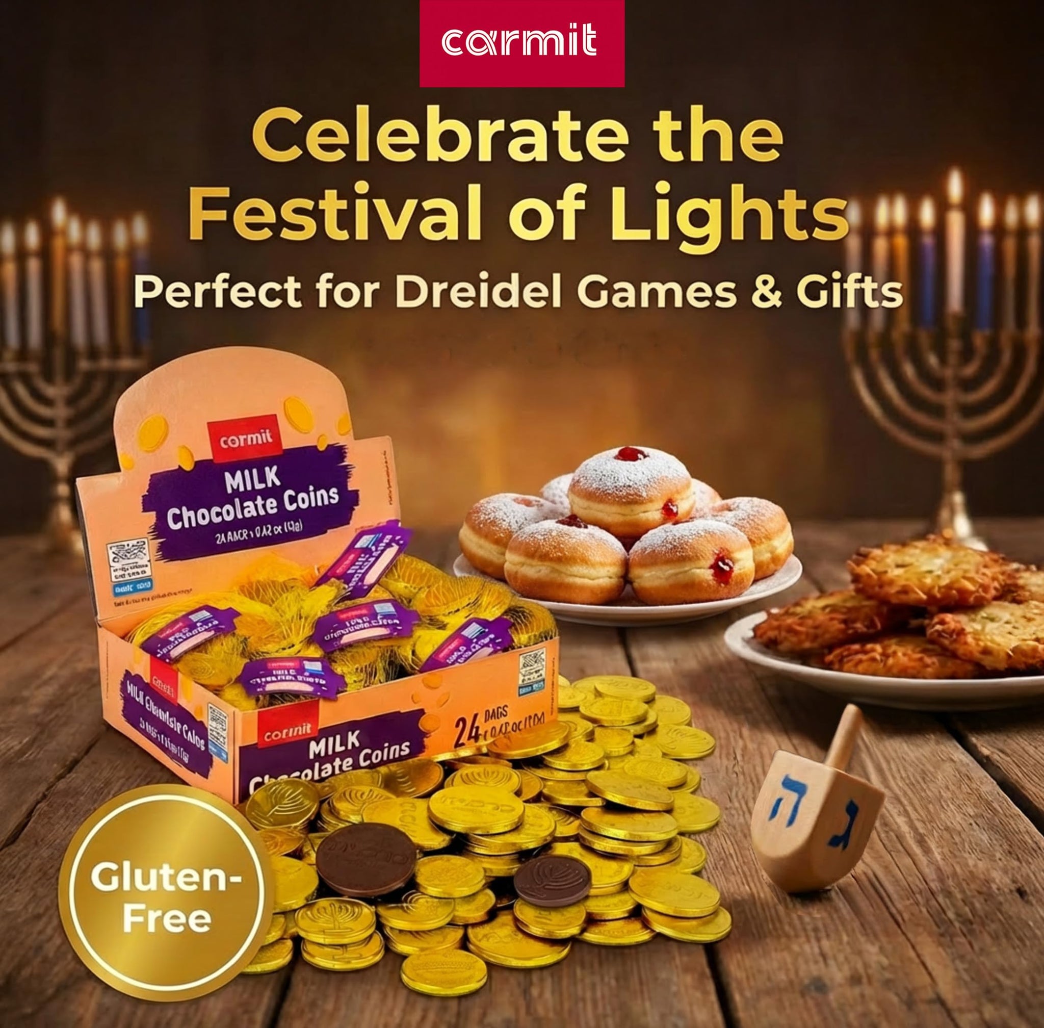 Carmit Gold "Real" Milk Chocolate Coins, (24 Mesh Bags) | Individually Wrapped Menora Embossed Hanukkah Gelt | Holiday Candy, Party Favors | Gluten