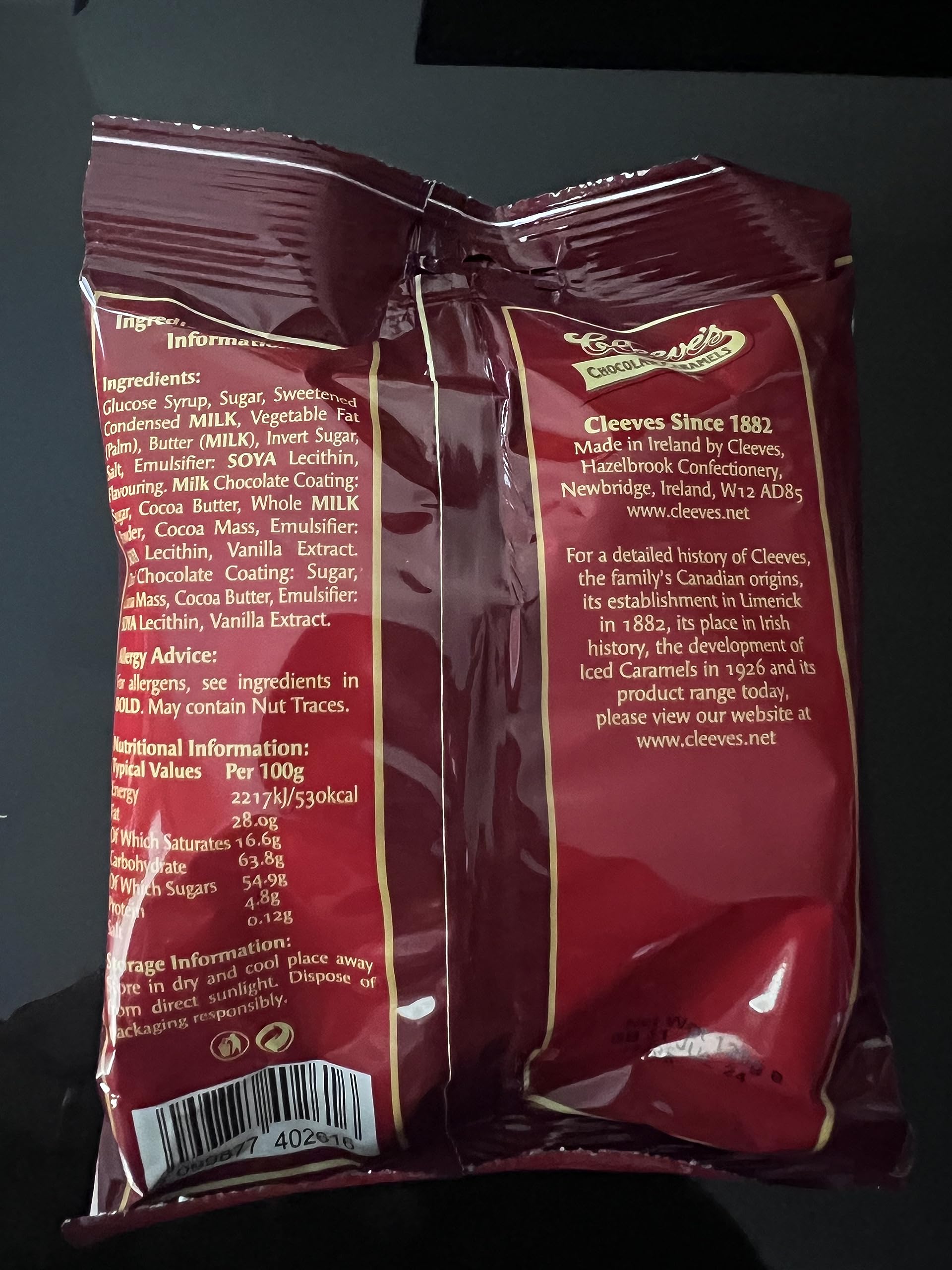Cleeves Irish Original Chocolate Caramels Candy 120g (4.2oz)