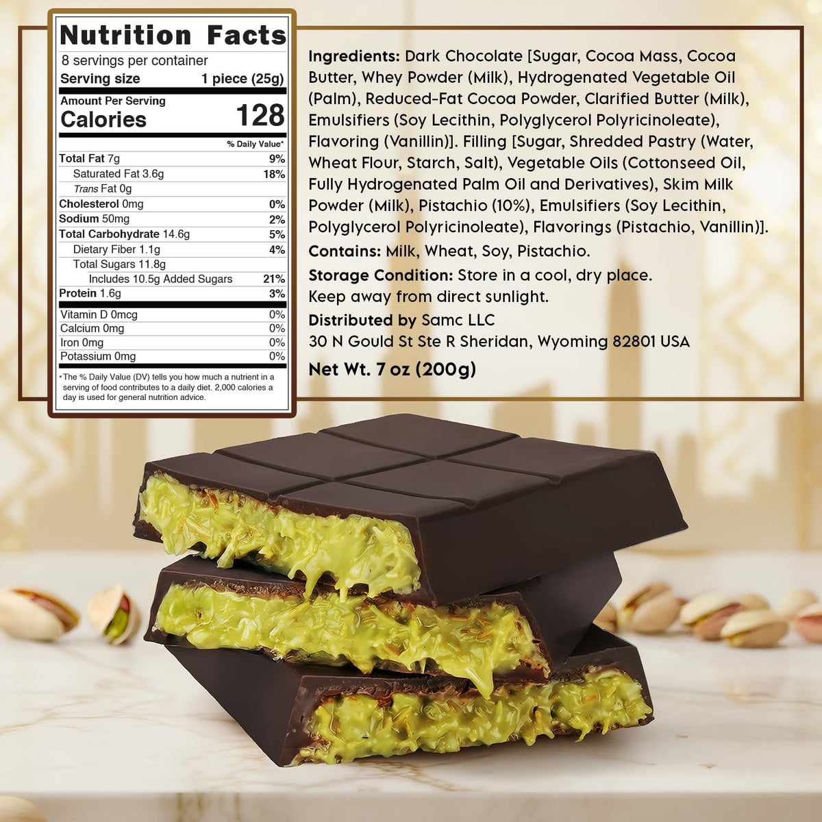 Dubai Chocolate Dark Bar 7 oz with Pistachio Filling & Crispy Kataifi