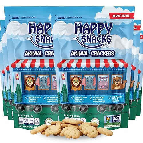 Happy Snacks Animal Crackers - Non-GMO, (Vegan) Plant Based, Nut & Peanut Free, Fortified with Essential Vitamins & Minerals, No Artificial