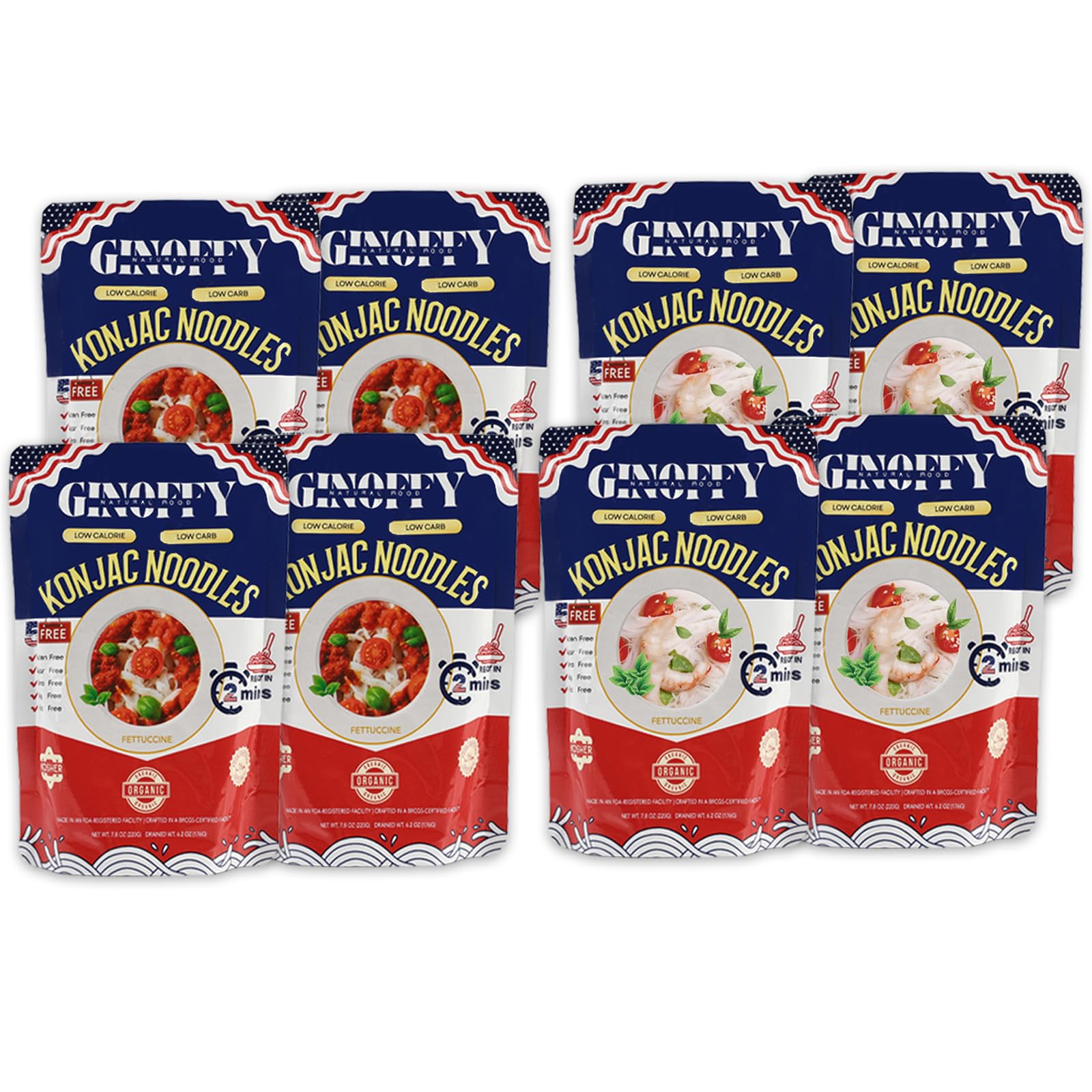Ginoffy Konjac Noodles Gluten Free Noodles Two Types 62.4 OZ(Pack of 8)| 4 Fettuccine & 4 Angel Hair Shirataki Noodles Organic Low Calorie Spaghetti