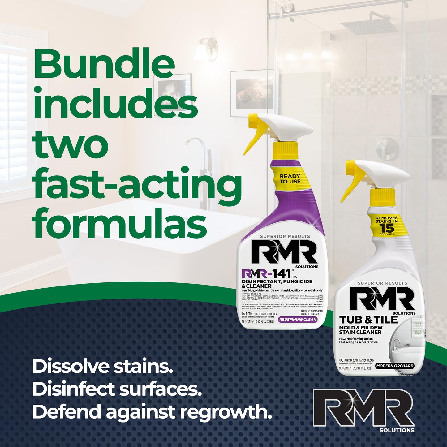 RMR Bathroom Brilliance Bundle - Tub & Tile Stain Spray + RMR-141 EPA Registered Mold & Mildew Remover, 2-Step Bathroom Cleaning & Disinfecting System