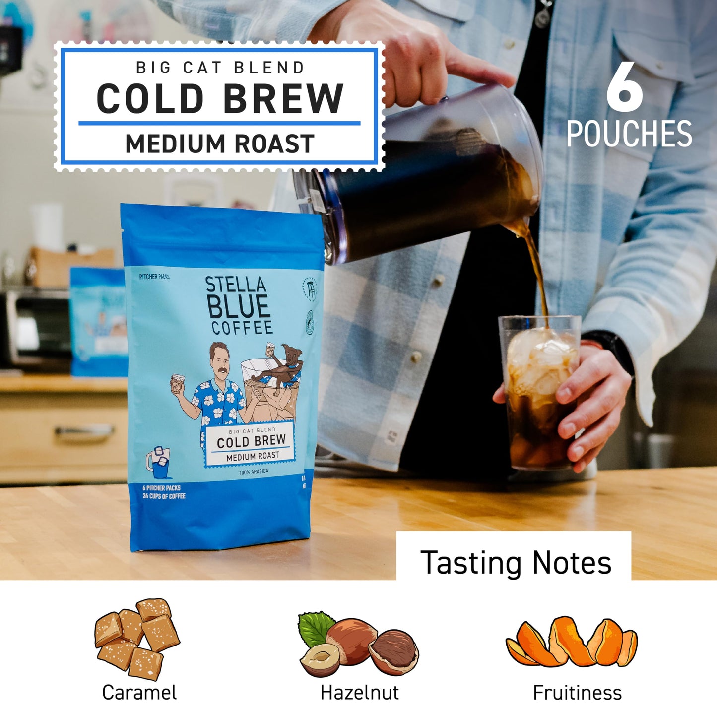 Stella Blue Cold Brew Coffee Bags, Big Cat Blend, Medium Roast Ground Coffee, Smooth, Bold and Refreshing 100% Arabica, 6 Brew Packets, Makes 24 Cups