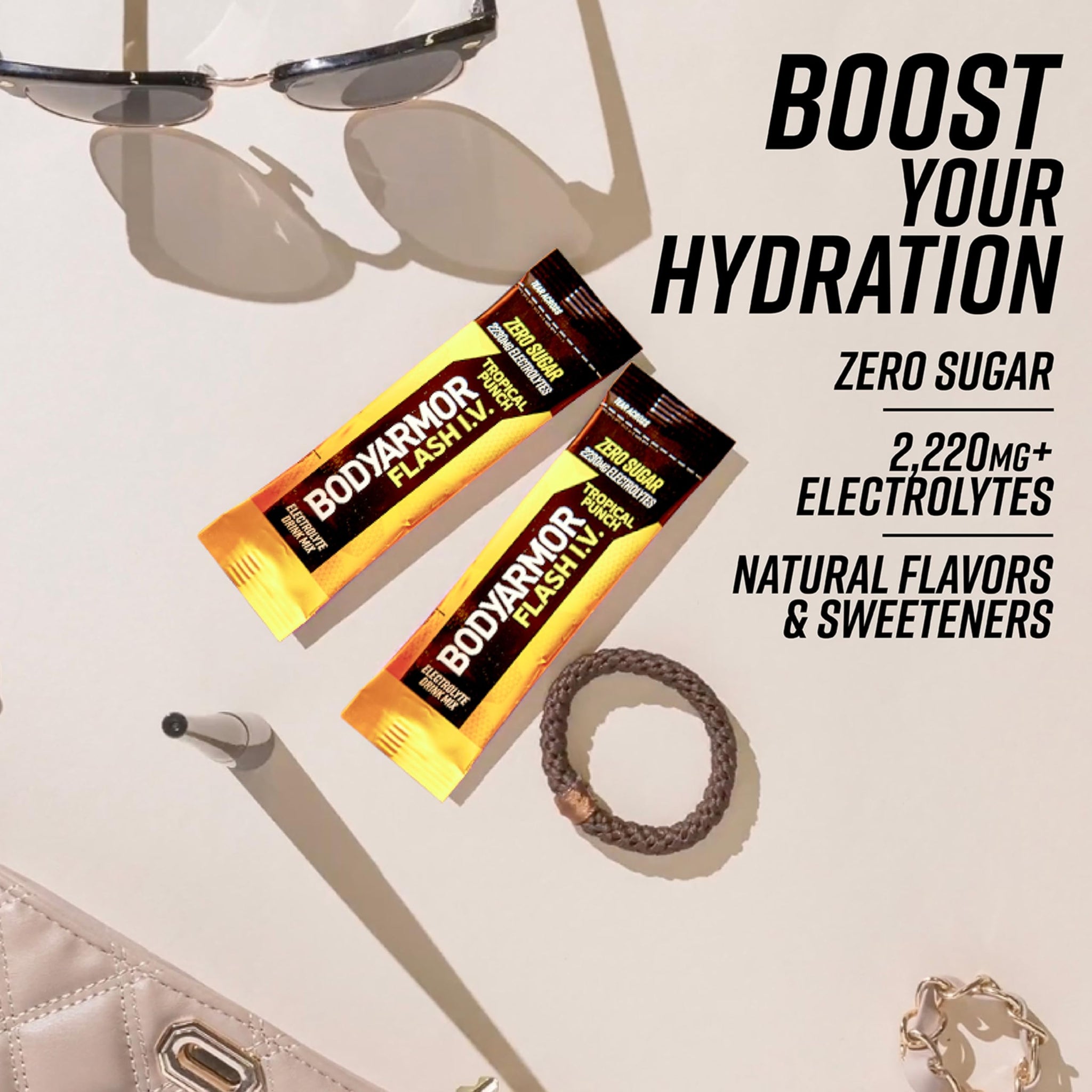 BODYARMOR Flash I.V. Electrolyte Packets, Tropical Punch, Zero Sugar Drink Mix, Single Serve Packs, Coconut Water Powder, Hydration for Workout