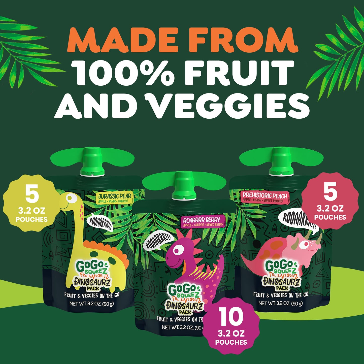 GoGo squeeZ No Sugar Added Fruit & veggieZ Applesauce and Puree Variety Pack, Jurassic Pear, Roarrrr Berry & Prehistoric Peach, 3.2 oz Pouches (Pack