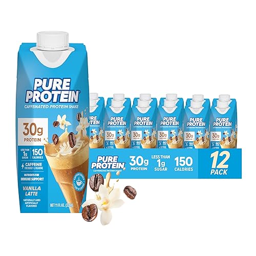 Pure Protein Ready to Drink Protein Shake, Vanilla Latte, 30g Protein, Caffeine for energy + L-Theanine, 150 Calories, Less than 1g Sugar, 4g Fiber