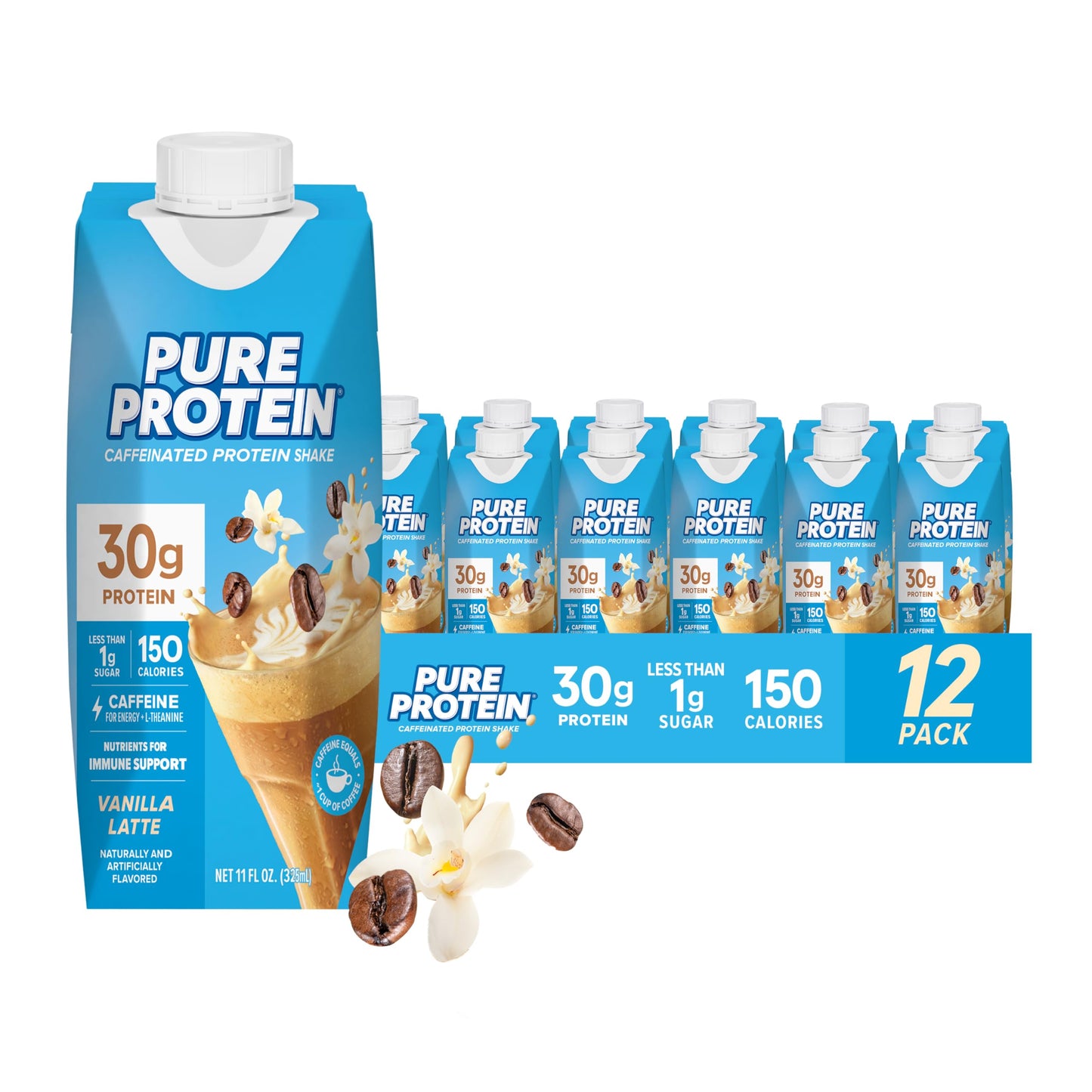 Pure Protein Ready to Drink Protein Shake, Vanilla Latte, 30g Protein, Caffeine for energy + L-Theanine, 150 Calories, Less than 1g Sugar, 4g Fiber