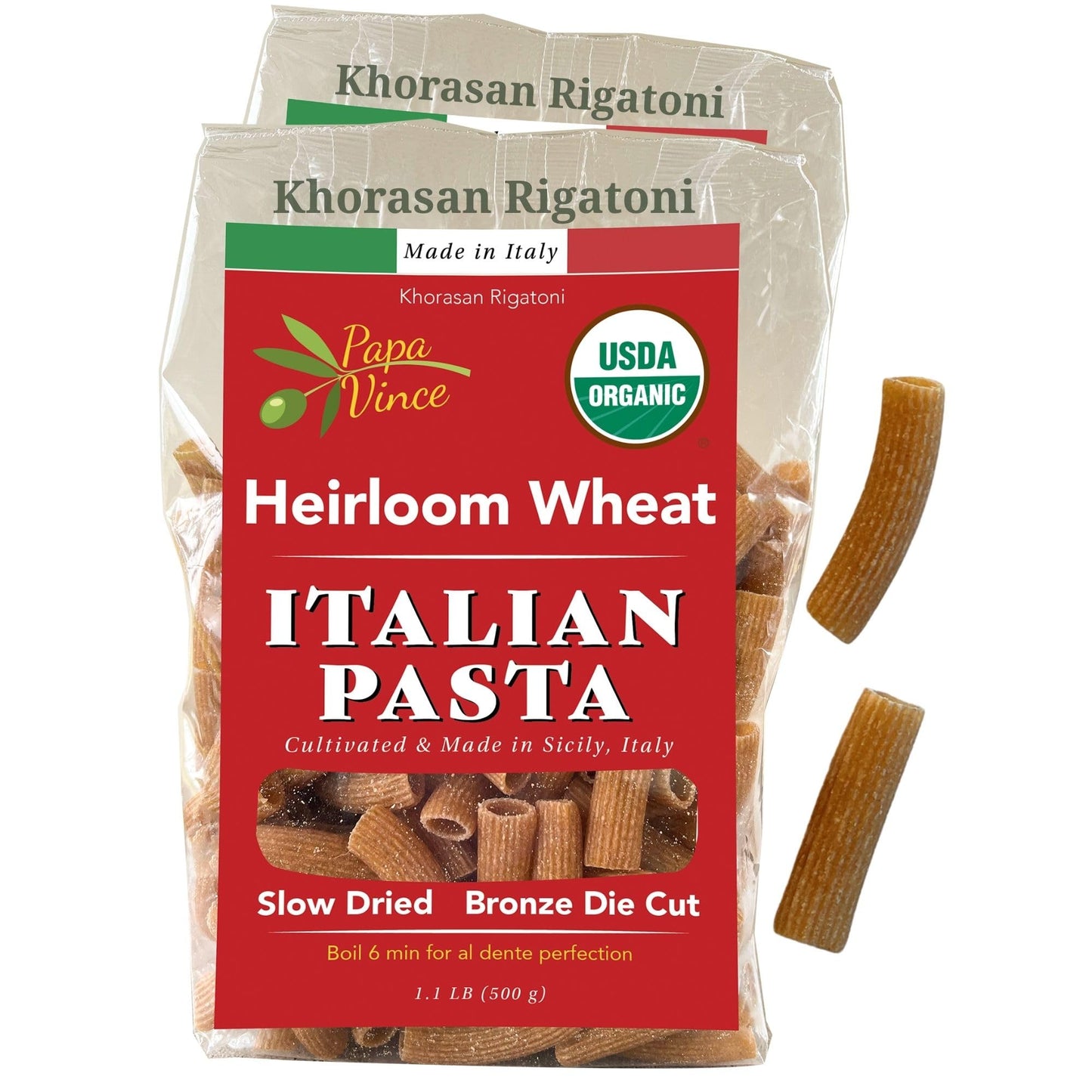 Papa Vince Organic Whole Wheat Non Enriched Rigatoni: Low Gluten Italian Pasta made in Italy from Organic Non GMO Khorasan Ancient Grain grown in