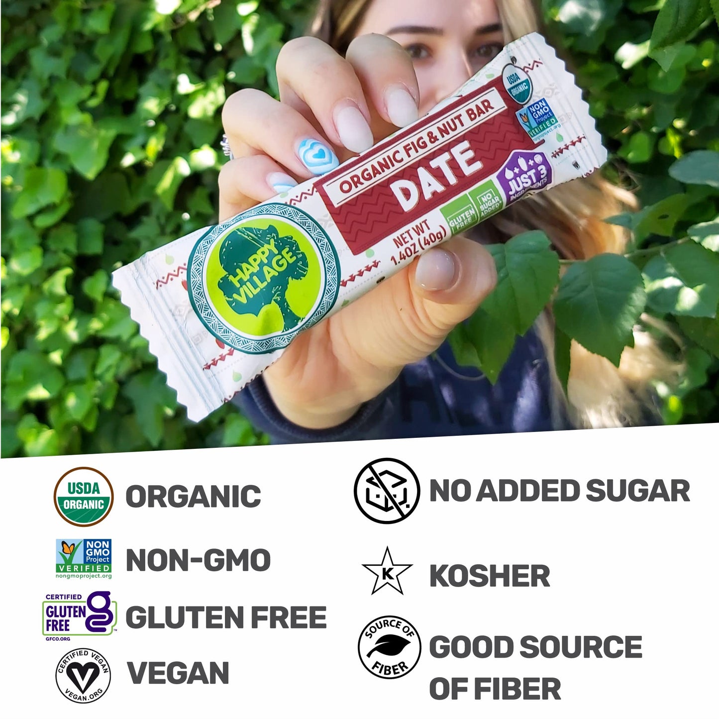 Happy Village Organic Fig & Nut Bars, DATE | Only 3 Ingredients, Gluten Free, No Added Sugar, Kosher, Non-GMO, Vegan, Good Source of Fiber | Organic