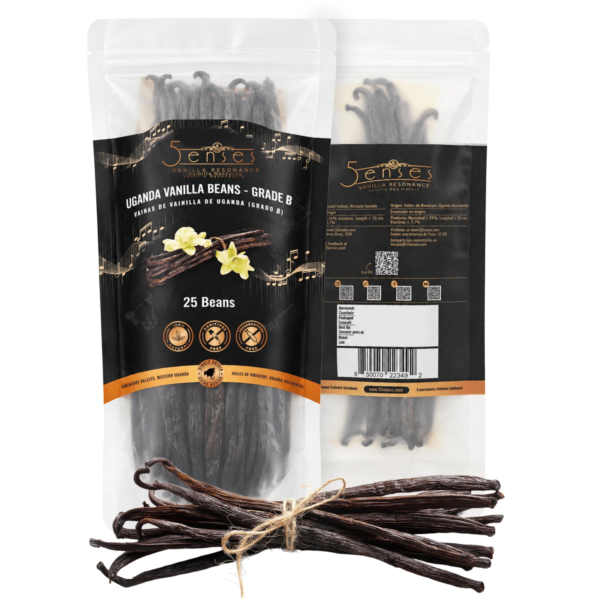 5Senses Uganda Vanilla Beans | Grade B Extraction Grade Whole Pods | Single Origin (Rwenzori Valleys) | High Vanillin (~2.0%) & Moisture (~24%) | 15cm