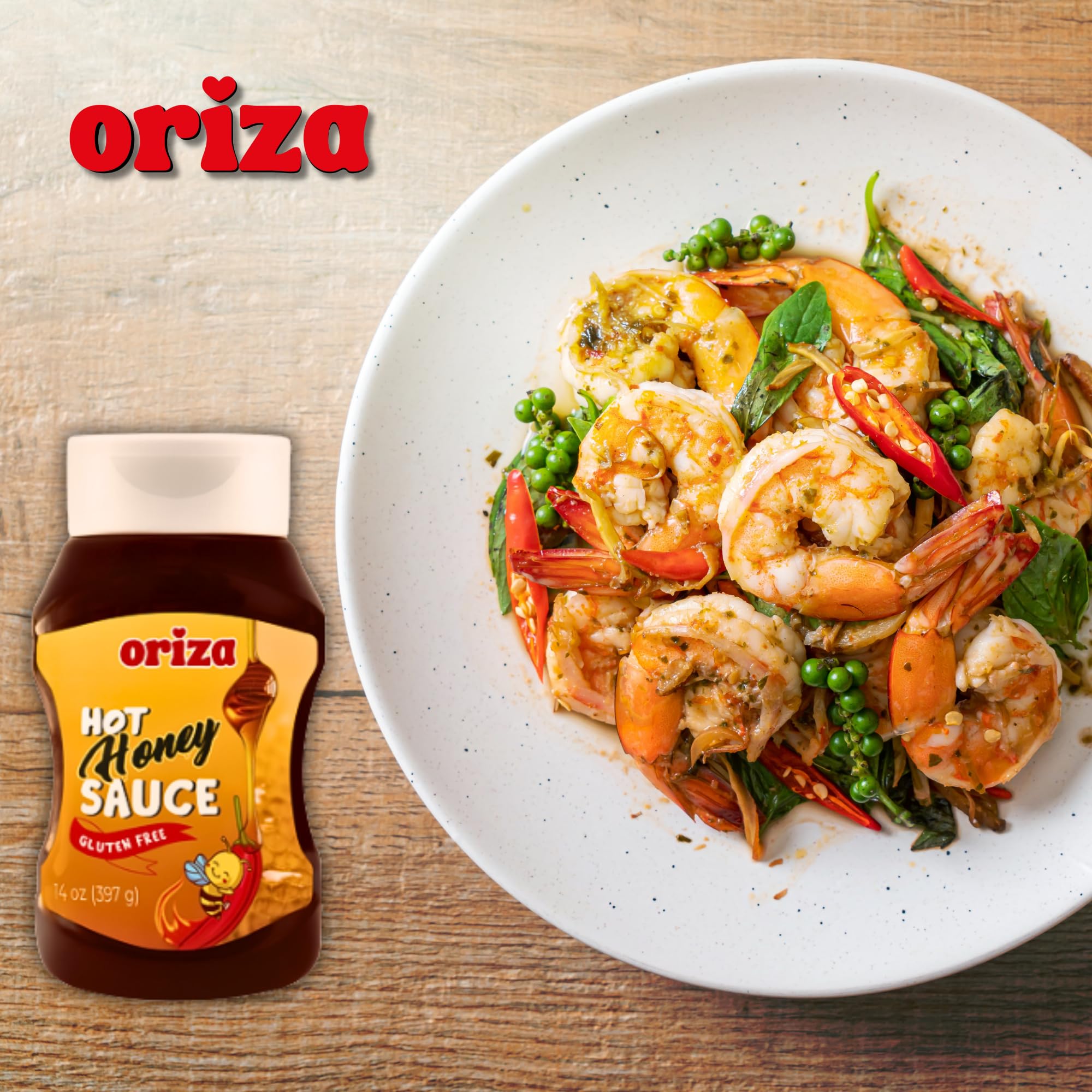 Oriza Hot Honey Sauce 14oz - Sweet and Spicy Honey Infused with Chili Peppers - Perfect for Pizza, Chicken, and BBQ