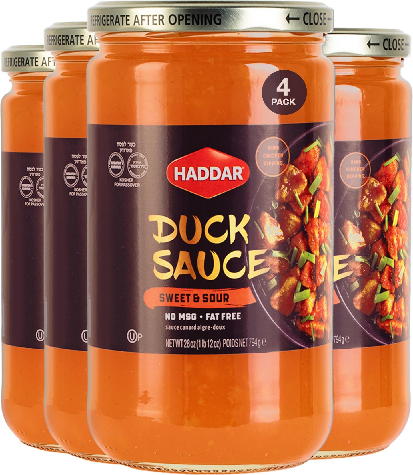 Haddar Sweet & Sour Duck Sauce, 28 oz (4 Pack) | Authentic Asian Style | No MSG | Perfect for Egg Rolls, Spring Rolls, Wontons, Chicken, Fish & Stir