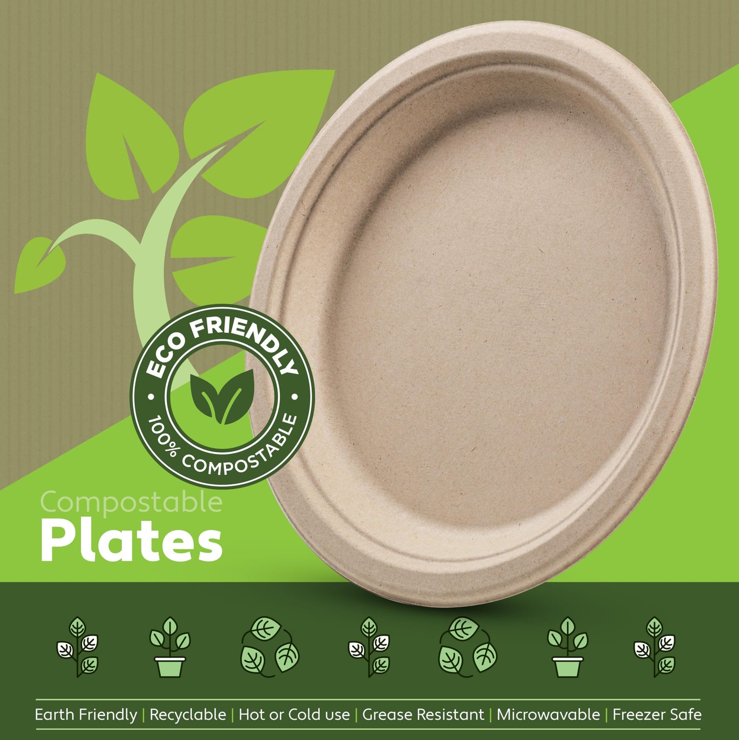 100% Compostable Paper Plates Heavy Duty - 100 Pack Biodegradable Disposable Plates - 9” Brown Disposable Dinner Plates Made of Eco-Friendly, Natural