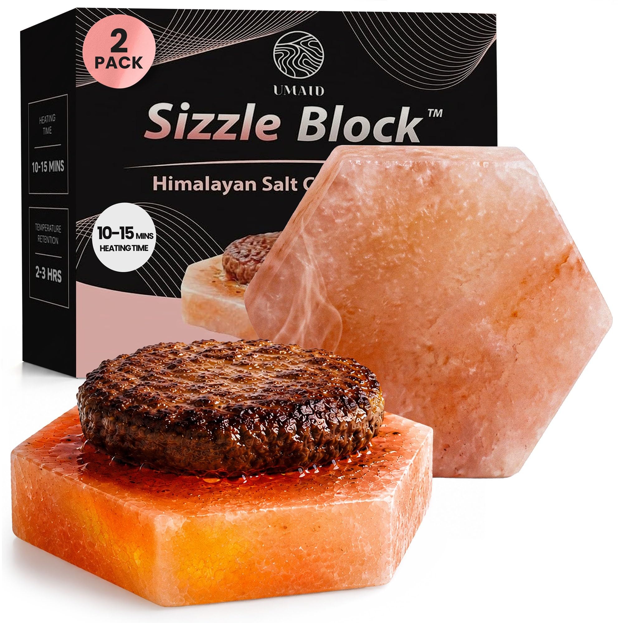 UMAID Sizzle Block™ Himalayan Salt Block 2 Pack (6" Hexagon) - Food Grade Himalayan Salt Slabs for Burgers, Steak, Seafood & Vegetables - Heat