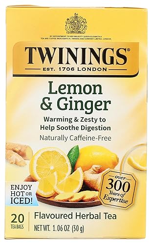 Twinings Lemon & Ginger Herbal Tea Individually Wrapped Bags, 20 Count (Pack of 1), Tangy Lemon, Spicy Ginger, Naturally Caffeine-Free, Enjoy Hot or