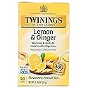 Twinings Lemon & Ginger Herbal Tea Individually Wrapped Bags, 20 Count (Pack of 1), Tangy Lemon, Spicy Ginger, Naturally Caffeine-Free, Enjoy Hot or