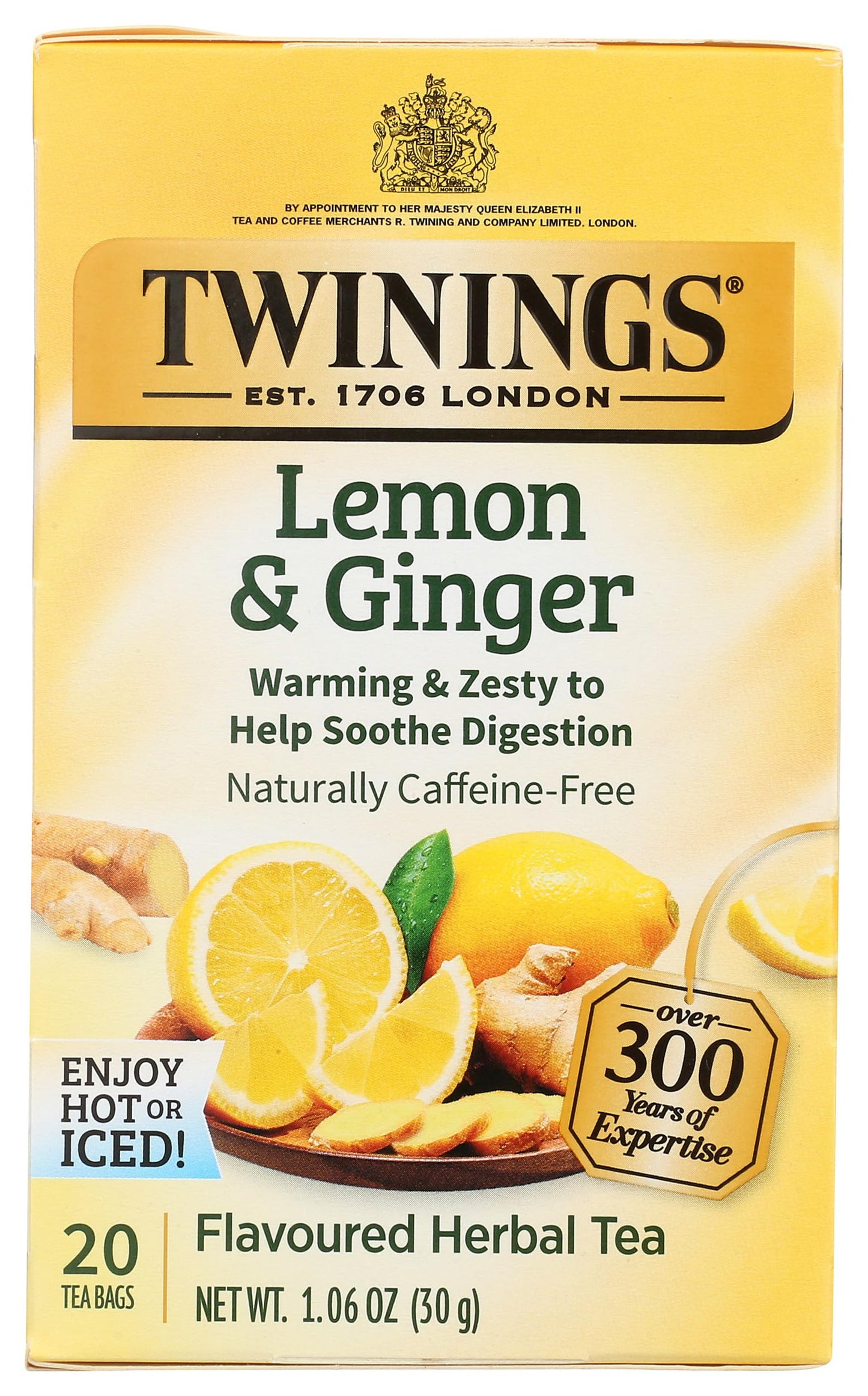 Twinings Lemon & Ginger Herbal Tea Individually Wrapped Bags, 20 Count (Pack of 1), Tangy Lemon, Spicy Ginger, Naturally Caffeine-Free, Enjoy Hot or