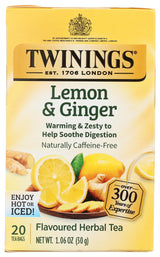 Twinings Lemon & Ginger Herbal Tea Individually Wrapped Bags, 20 Count (Pack of 1), Tangy Lemon, Spicy Ginger, Naturally Caffeine-Free, Enjoy Hot or