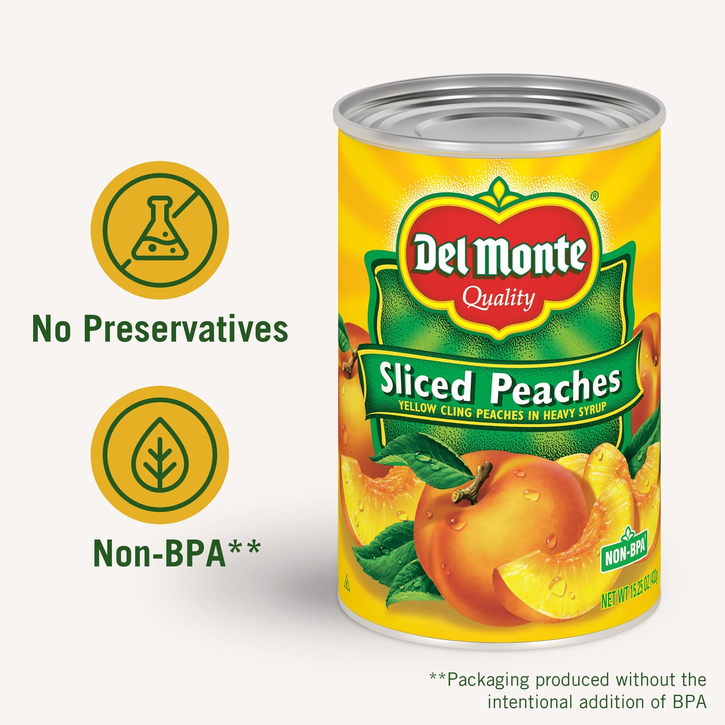 DEL MONTE Yellow Cling Sliced Peaches in Heavy Syrup, Canned Fruit, 15.25 oz Can