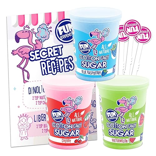 Fun Sweets Cotton Candy Sugar 3 Flavor Variety Pack - Cherry, Blue Raspberry & Watermelon - All Natural Flavors & Colors - Floss Sugar for Cotton