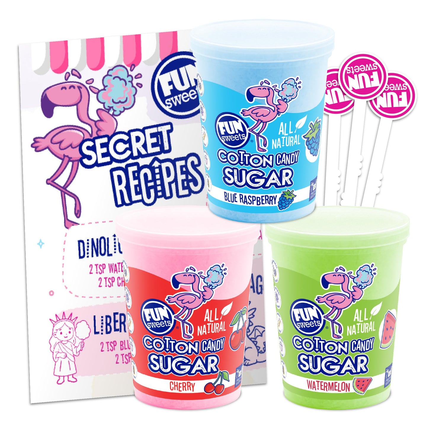 Fun Sweets Cotton Candy Sugar 3 Flavor Variety Pack - Cherry, Blue Raspberry & Watermelon - All Natural Flavors & Colors - Floss Sugar for Cotton