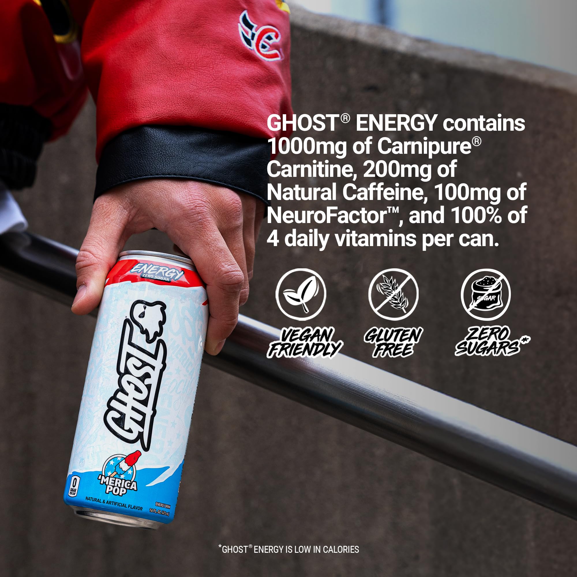 GHOST Energy Drink - 12-Pack, 'Merica Pop, 16oz Cans - Energy & Focus & No Artificial Colors - 200mg of Natural Caffeine, L-Carnitine & Taurine