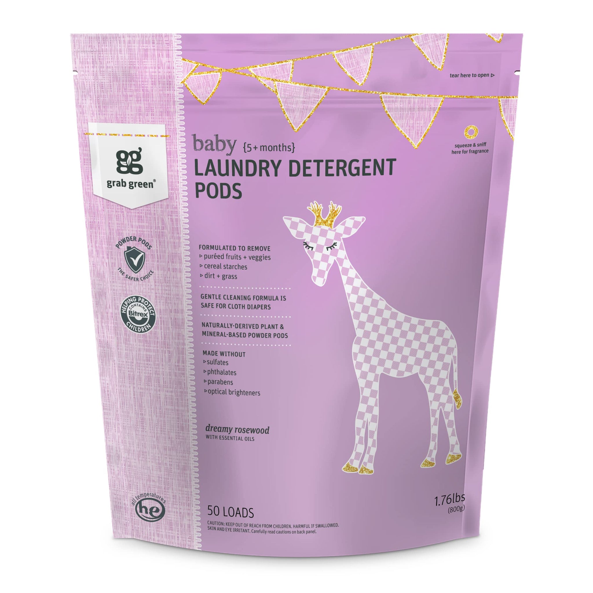 Grab Green Baby Laundry Detergent Pods, 50 Count, Dreamy Rosewood, Plant and Mineral Based, Formulated to Tackle Growing Baby (5 Months and Older)