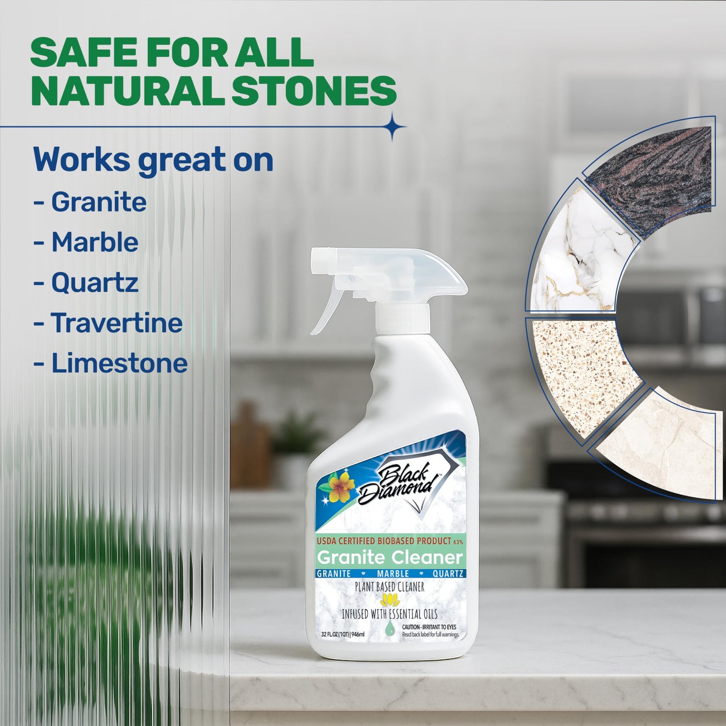 Black Diamond Stoneworks Granite Counter Cleaner: USDA Certified BIOBASED- Safe for Granite and other stone countertops. Safe for food contact formula