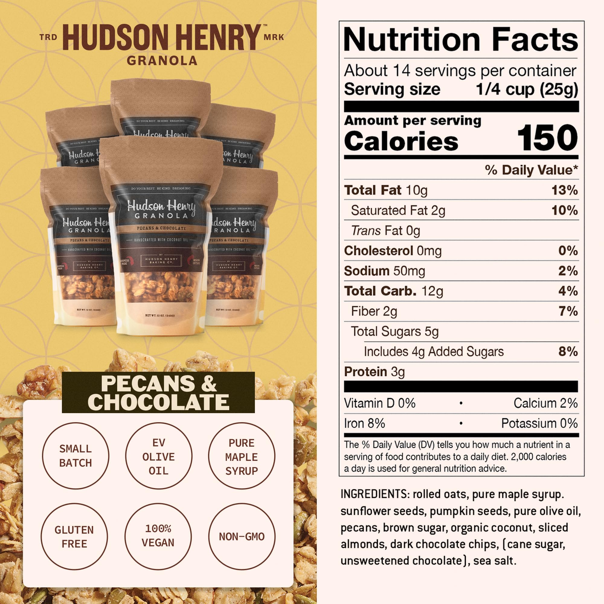 Hudson Henry Chocolate Pecan Granola | Gluten Free Granola with Nuts & Seeds | Vegan, Non-GMO & Small Batch Baked with Pure Maple Syrup & Extra Virgin