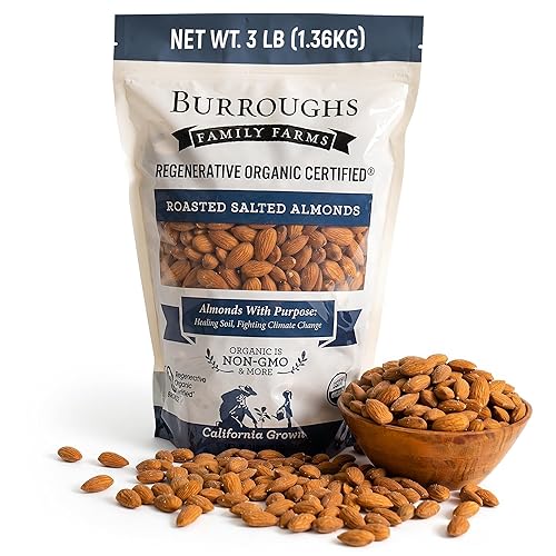 Burroughs Family Farms Roasted Salted Almonds 3 lb, Regenerative Organic and USDA Organic Certified, No Added Oils, Lightly Salted & Perfectly Dry