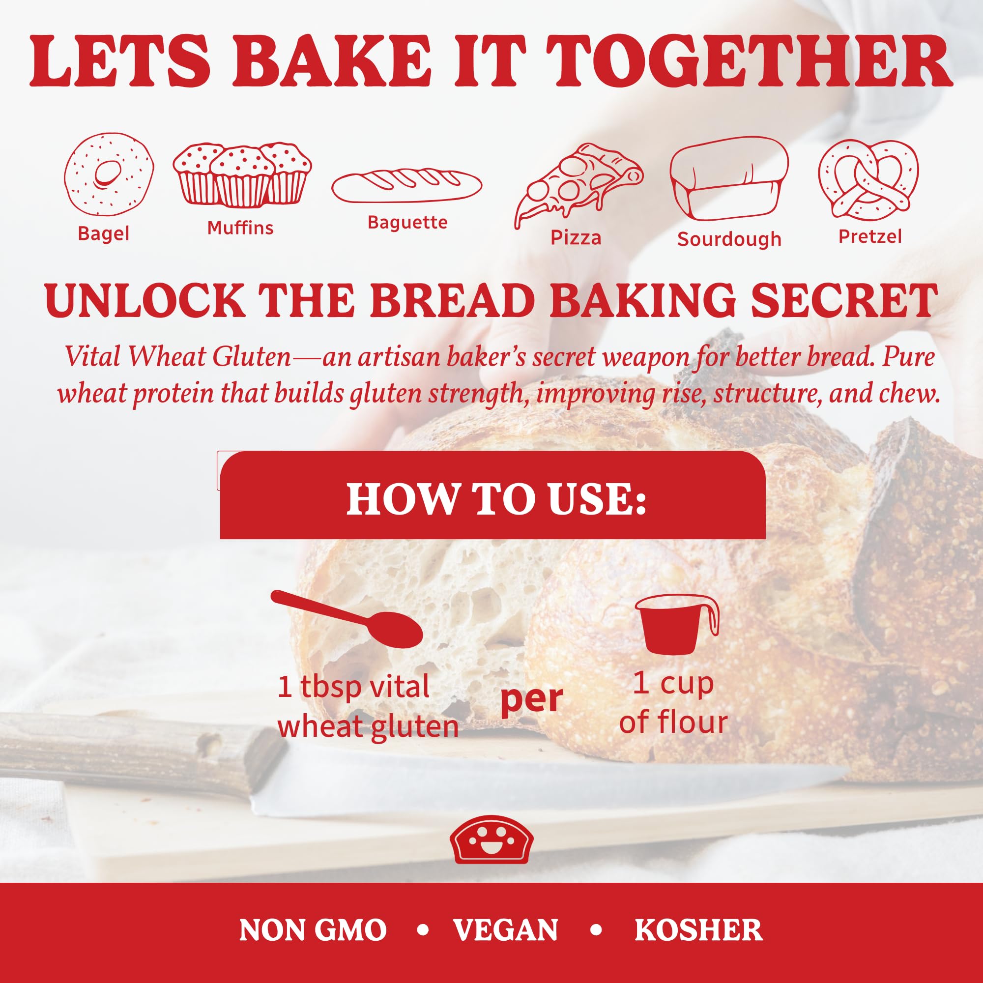 Bakers Club Artisan Vital Wheat Gluten 10oz - Bread Flour Enhancer, High Protein, Seitan Flour, Low Carb, Vegan, Non GMO Gluten Powder - Made in USA