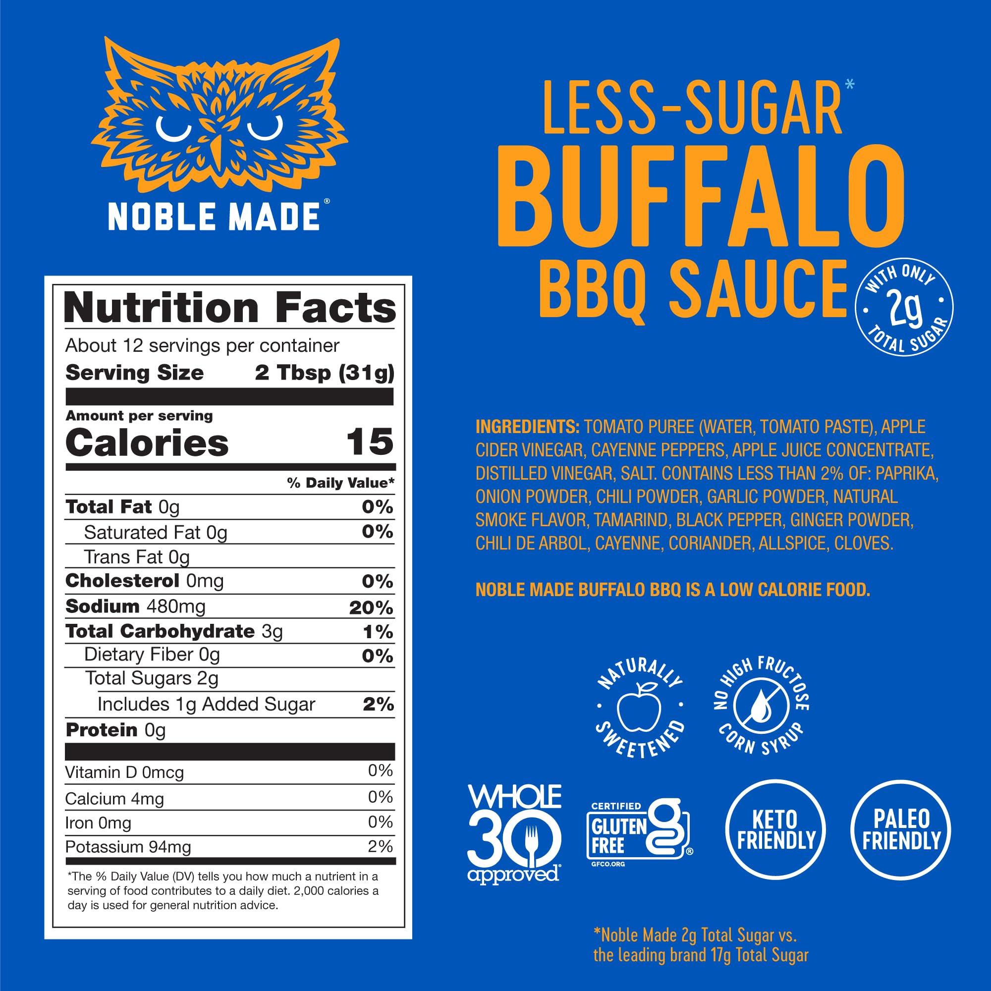 Noble Made Buffalo BBQ Sauce, Keto, Gluten Free, Vegan Dipping & Wing Sauce, Low Carb, Dairy Free, Low Calorie, Paleo, Low Sugar, and Whole30