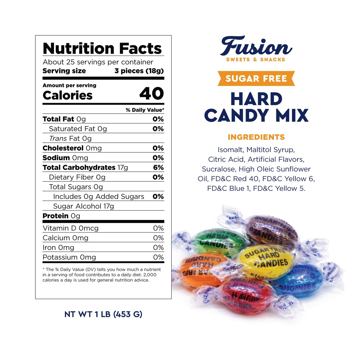 Sugar Free Hard Candy Mix - 1 Pound Bag (Approx. 75 Pieces), Individually Wrapped, Sugar Free Candy Assorted Fruit & Berry Mix Flavors - Lemon, Lime