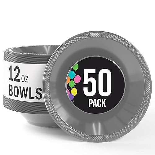 Party Solids 12 Oz Silver Plastic Bowls Disposable Bowls for Hot Food Soup 50 Pcs - For Soup, Salad, Cereal, Desserts & Party Supplies