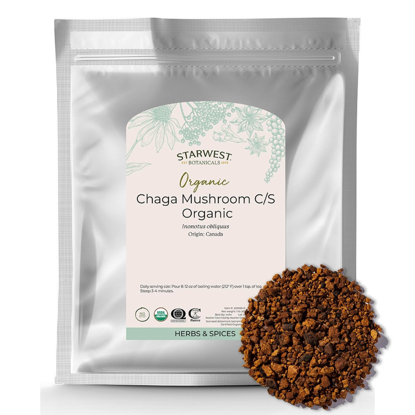 Starwest Botanicals Organic Dried Chaga Mushrooms - Cut and Sifted Chaga for Tea, Soups, Stews, Shakes, & More, Natural Earthy Flavor, Non GMO - Bulk