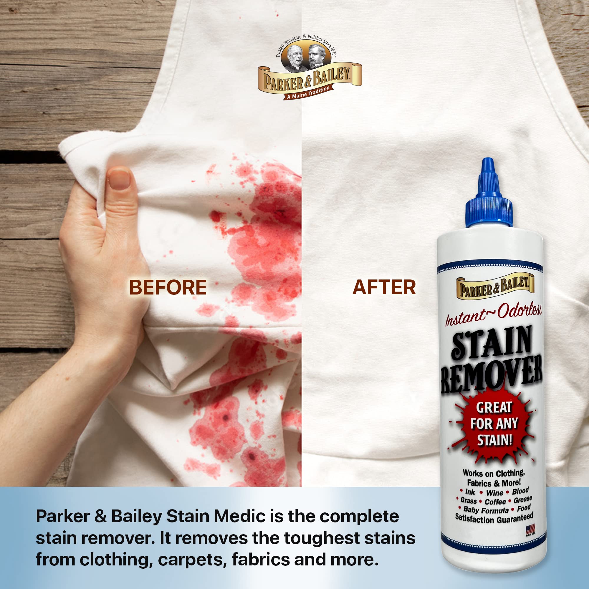 Parker & Bailey Liquid Stain Remover - Instant Stain Removal on Laundry Clothing Fabric Ink Grease Blood Grass Coffee Wine Food Carpet Upholstery Spot
