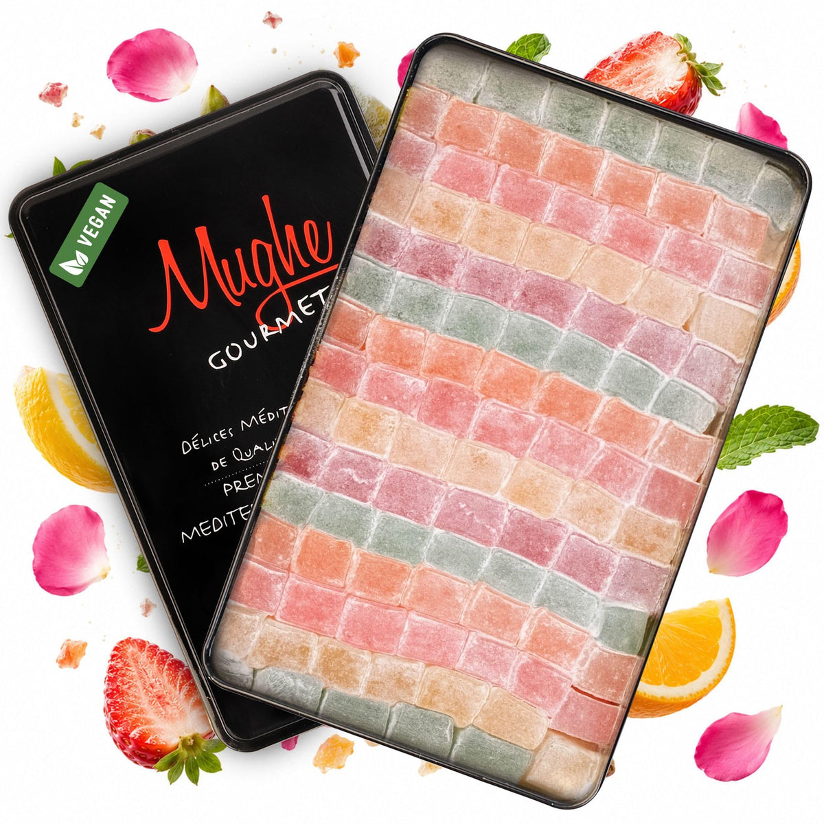 Mughe Gourmet Turkish Delight Candy Elegant Gift Tin Box - 1.65lb-750g - Halal Vegan Lokum Fruit Flavors Rose, Strawberry, Lemon, Orange, Mint - Gift