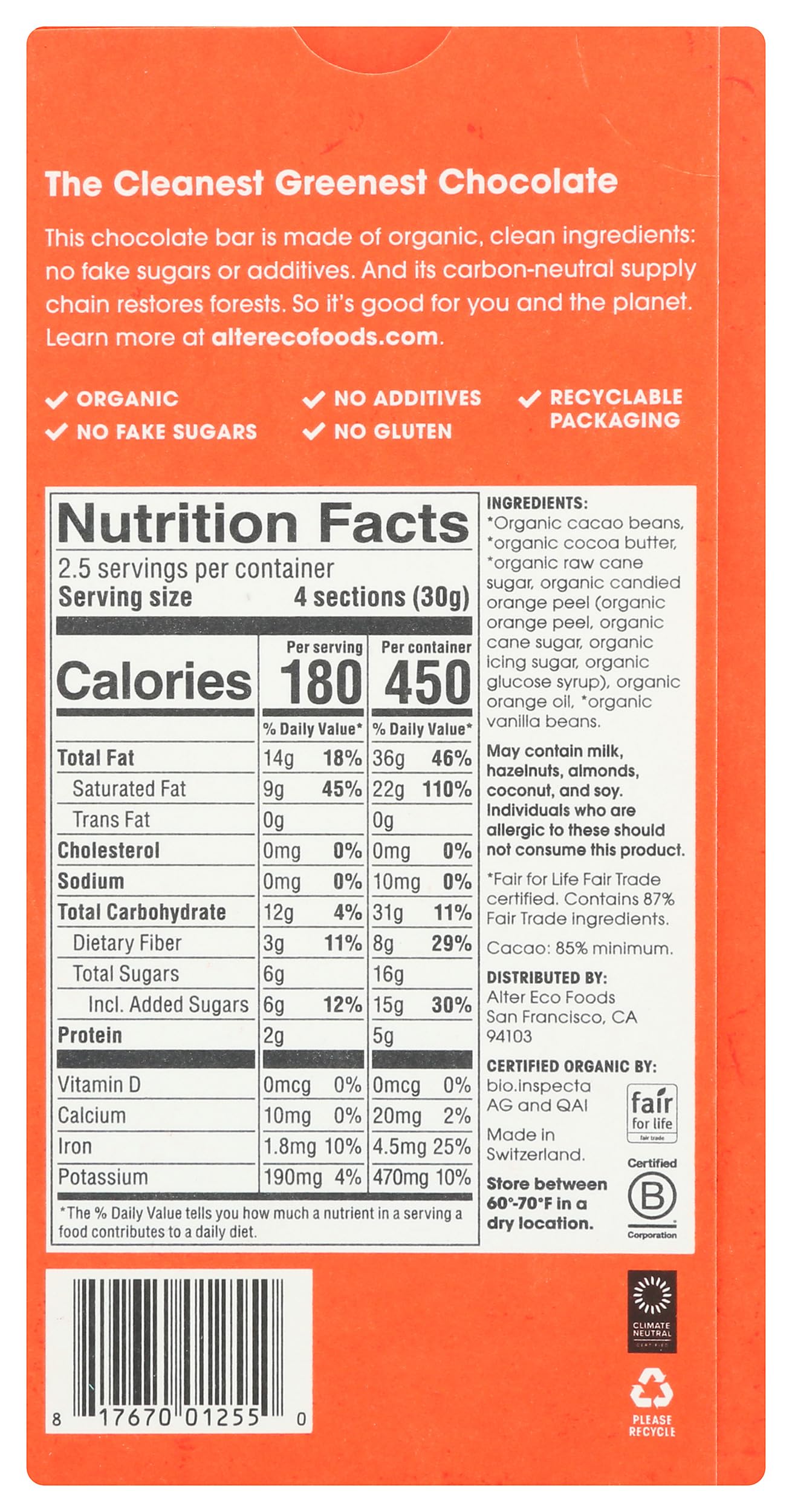Alter Eco Organic Orange Blackout 85% Dark Chocolate Bar, 2.65 OZ