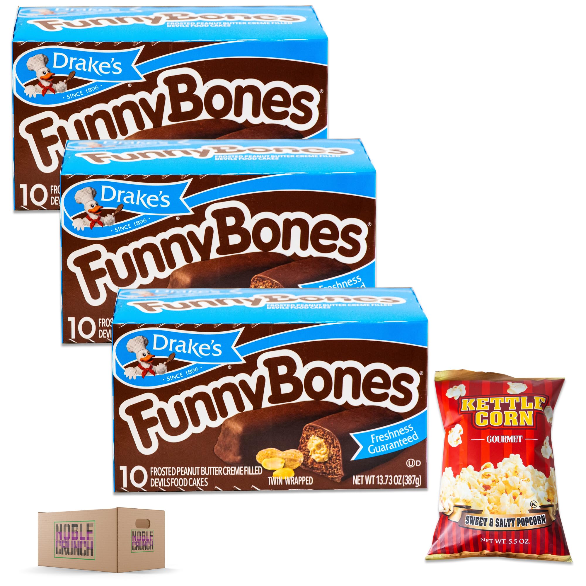 Drake's Funny Bones (3, 10ct - 13.73oz) - Sweet & Salty Kettle Popcorn (1, 5,5oz) - 4 Items Total