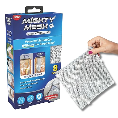 Mighty Mesh Pro Steel Mesh Cloths (8 Pack) with MagnaGrip Magnetic Storage | Powerful, Non-Scratch Kitchen Scrubber | Easy-Clean, Odor-Resistant