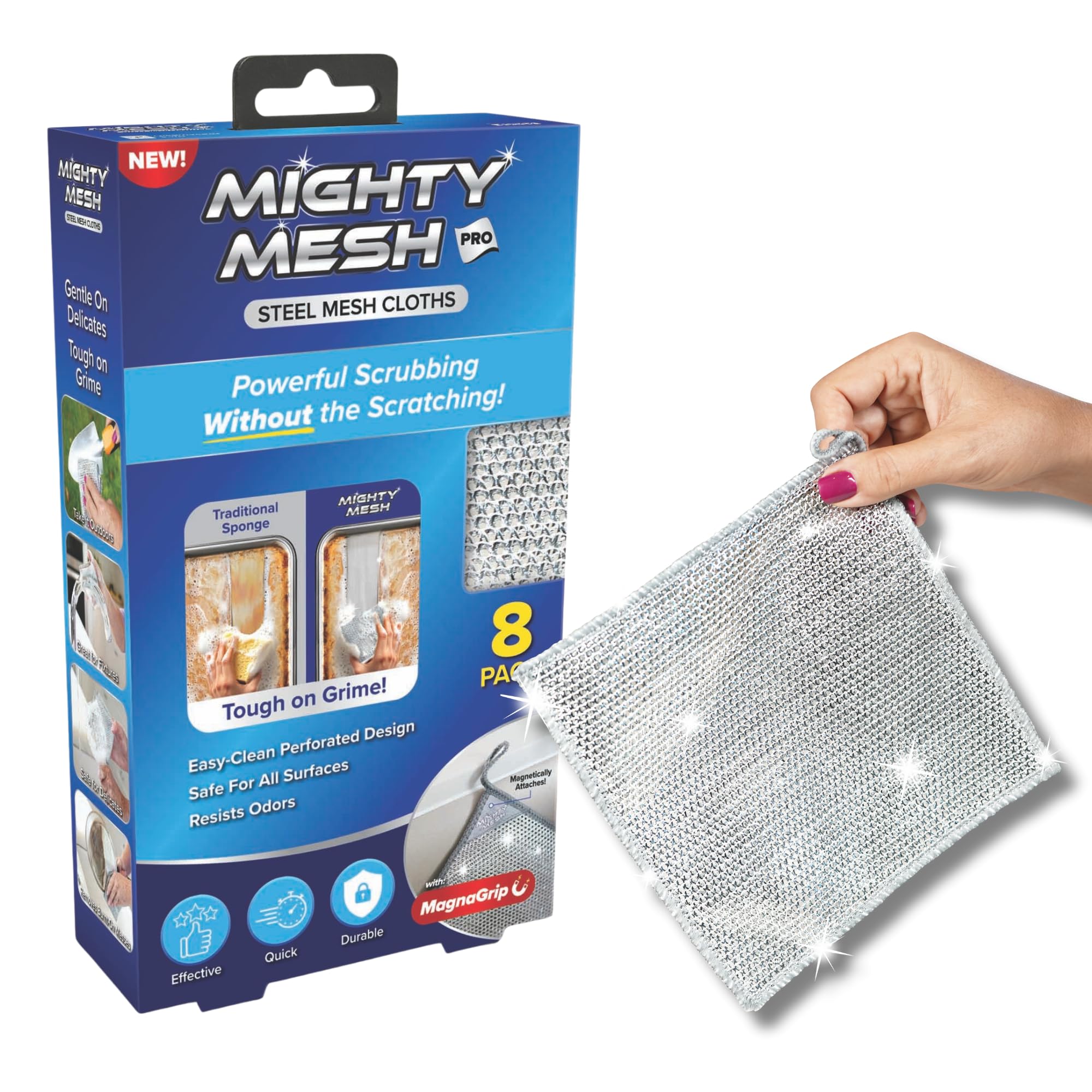 Mighty Mesh Pro Steel Mesh Cloths (8 Pack) with MagnaGrip Magnetic Storage | Powerful, Non-Scratch Kitchen Scrubber | Easy-Clean, Odor-Resistant