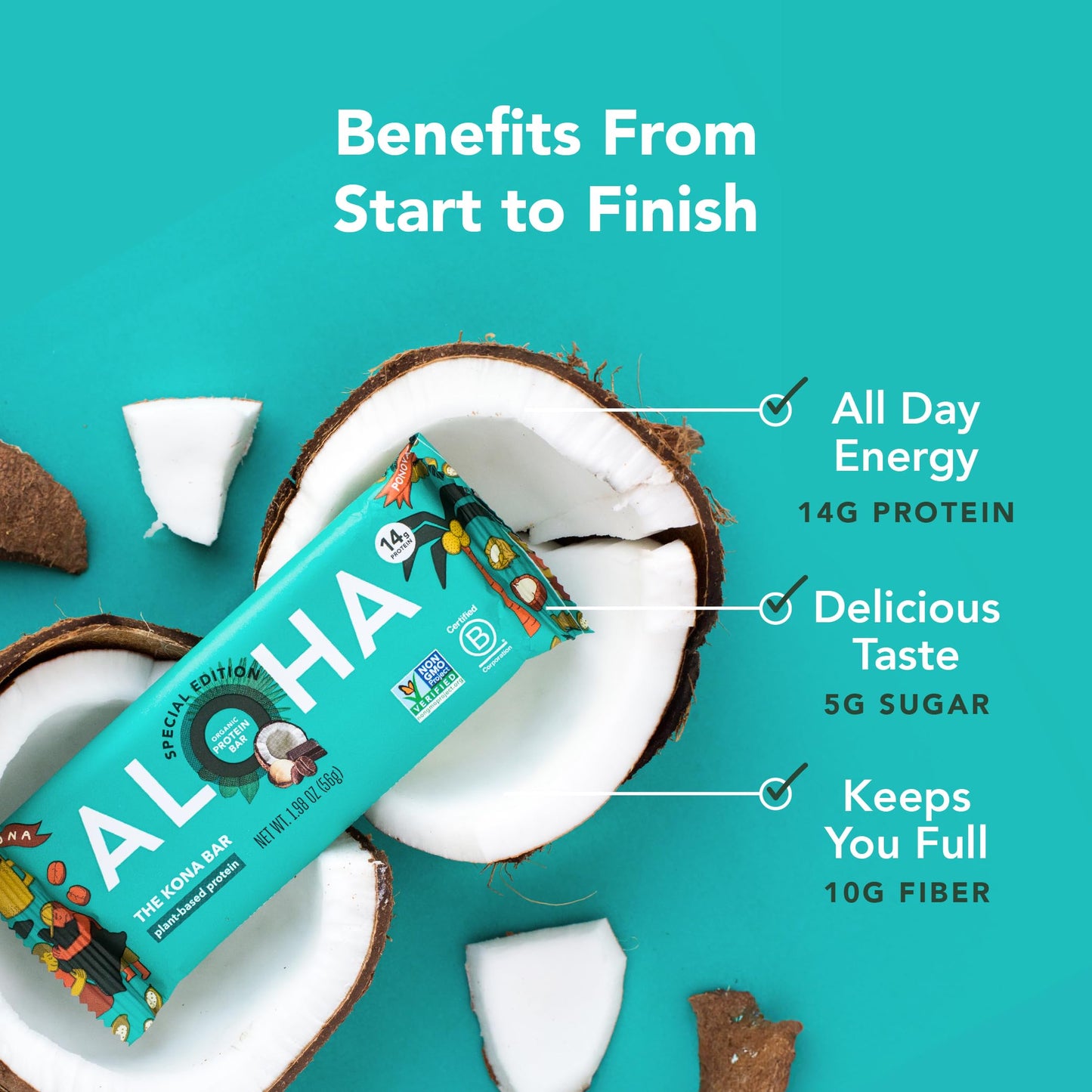ALOHA Organic Plant Based Protein Bars | The Kona Bar - Special Edition | 6 Count, 1.98oz Bars | Vegan, Low Sugar, Gluten Free, Paleo, Low Carb