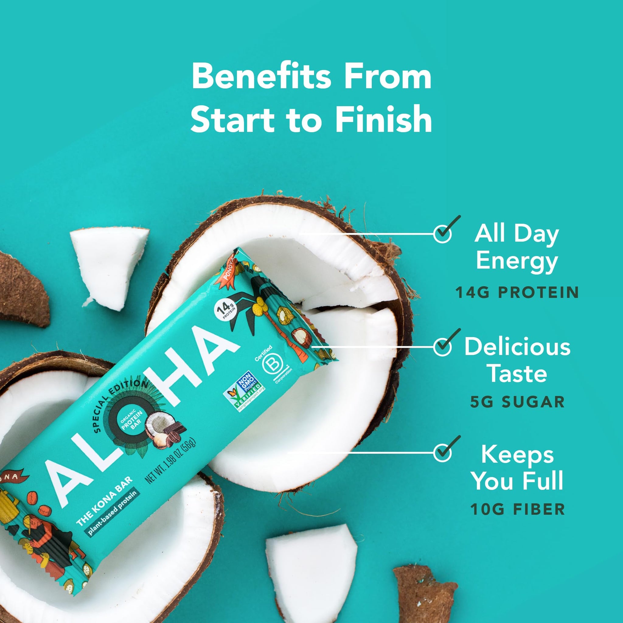 ALOHA Organic Plant Based Protein Bars | The Kona Bar - Special Edition | 6 Count, 1.98oz Bars | Vegan, Low Sugar, Gluten Free, Paleo, Low Carb
