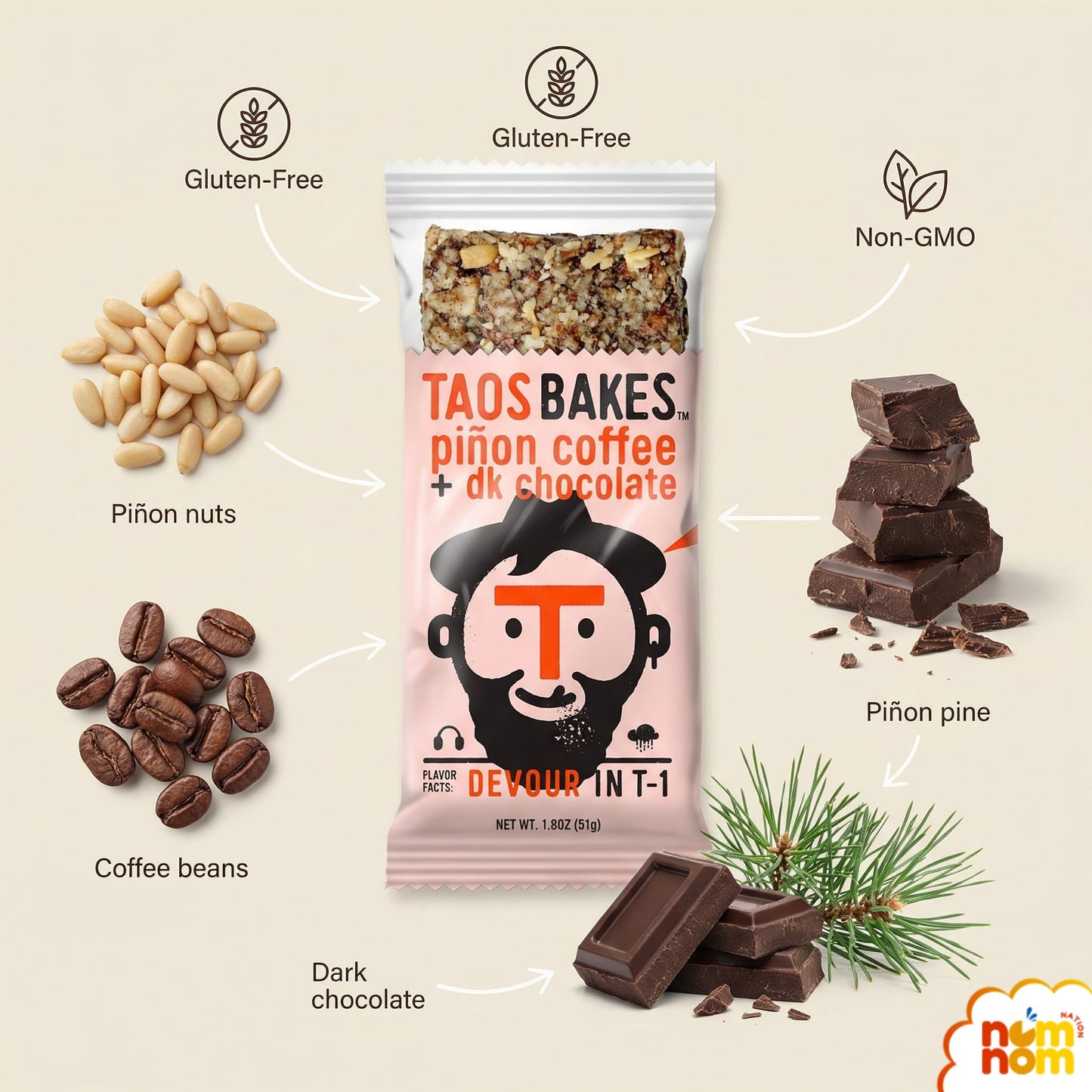 Taos Bakes Bar Pinon Coffee Dark Chocolate - 1.8 oz Granola Bar - Pack of 4 - Chocolate Granola Bars for On the Go - Kids Granola Bars and Bars Kids