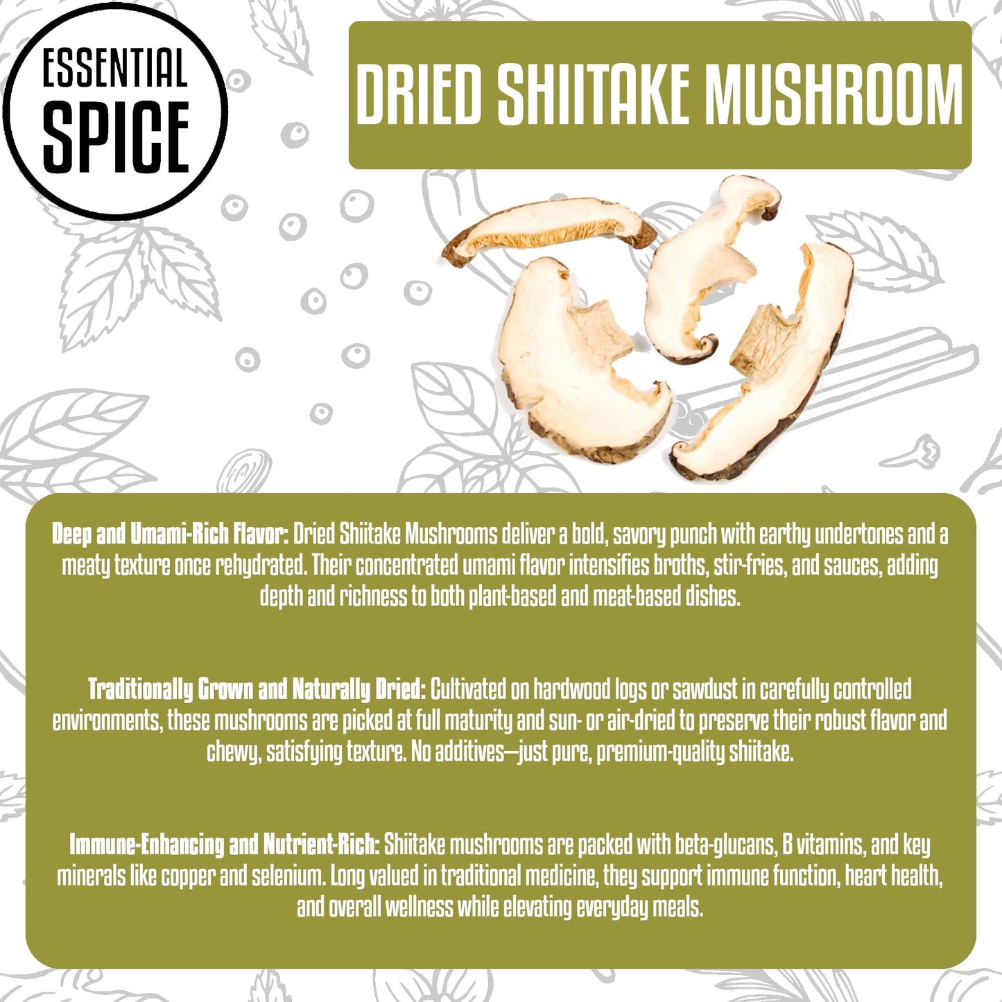 Essential Spice Dried Sliced Shiitake Mushrooms - Bold Umami Flavor, Premium Quality - Ideal for Soups, Stir-Fries, Ramen & Sauces - Easy