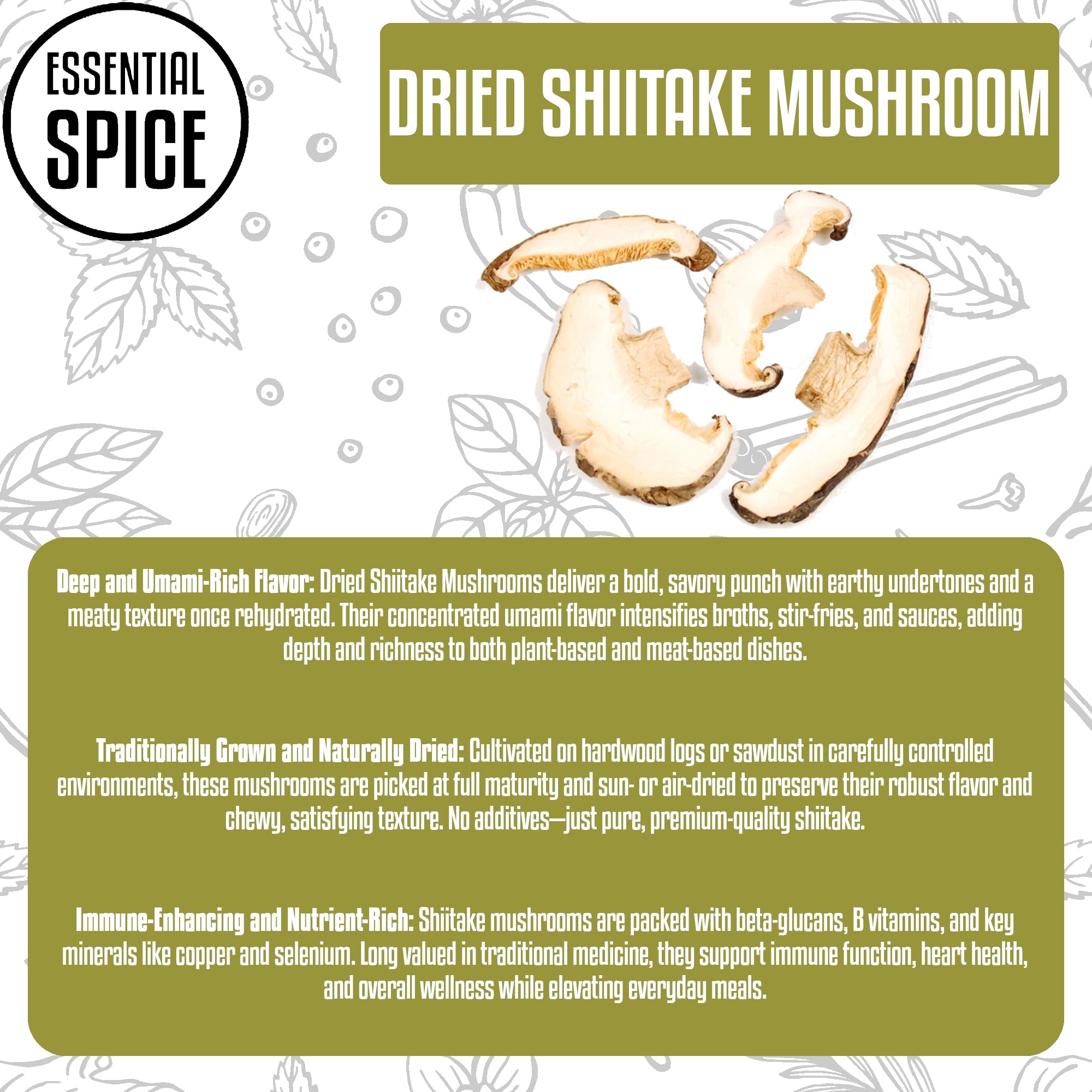 Essential Spice Dried Sliced Shiitake Mushrooms - Bold Umami Flavor, Premium Quality - Ideal for Soups, Stir-Fries, Ramen & Sauces - Easy