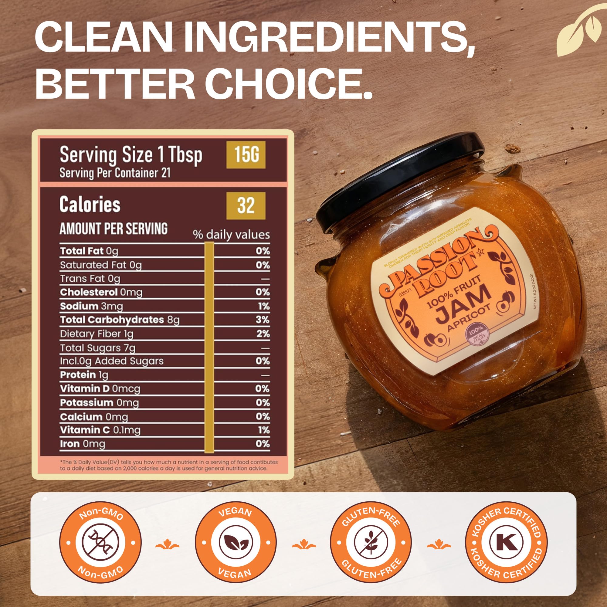 Passion Root Apricot Jam | All Natural Apricot Preserves with Real Fruit | No Added Sugar, No Preservatives, Non GMO, Gluten Free, Kosher Certified |