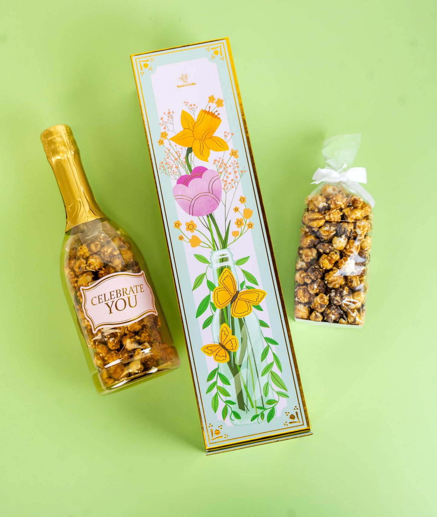 Birthday Floral Bubble Box with Chocolate Popcorn by Send A Cake, Ready to Gift, No Assembly Required - Unique Happy Birthday Gift for Women, Men